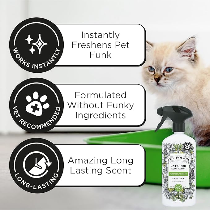 Pet-Pourri Air + Fabric Purrfectly Bamboo Cat & Home Deodorizer Spray, 16 Fl Oz, Up to 800 Uses, Pet Odor Remover with Essential Oils, for Air, Carpet, Urine, Vet Recommended, Bamboo, Jasmine & Pear