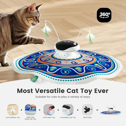 Gardner Pet Cat Toys Chargeable,5in1 Hide and Seek Automatic Interactive cat Toy, Chirping Moving Ambush Feather, Track Balls,Indoor Exercise Kicker 24 inch Cover for All Breeds,Boho Style - Blue