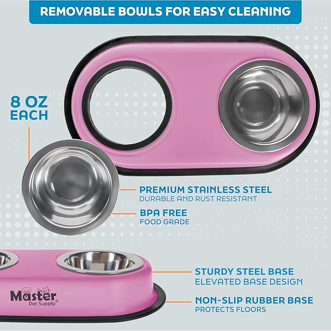 Master Pet Supply Double Dog Bowls Set with Elevated Base and 2 (8 oz) Stainless Steel Removable Dishes (Hyper Pink) – Double Cat Food Water Bowl, Dog Puppy Food Bowl Set, Rust Resistant