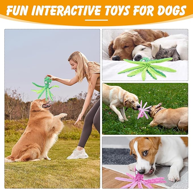 2 Pcs Octopus Dog Toys, No Stuffing Squeaky Dog Toys Chew Toys for Dogs Puppy Toys Indestructible Dog Toy for Small & Medium & Large Dogs (Purple,Green)