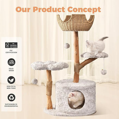Easyego Modern Cat Tree, 43.3" Aesthetic Wood Cat Tree Tower for Large Cats, Luxury Cat Condo with Scratching Posts and Flower Platforms, Cat Furniture, Bullet Gray