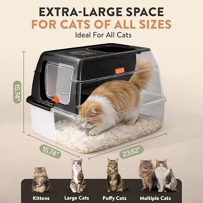 XL Stainless Steel Cat Litter Box with Enclosure and Pooper Scooper - Durable Black Metal Litter Box for Big Cats, High Sides for Anti-Leakage, Never Absorbs Odors, Non-Sticky - (60x40cm) (Black)