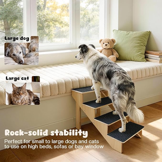 4-Step Dog Stairs for Large Dogs, Solid Wooden Dog Steps for Beds/Couch with Carpet, 24 Inches Anti-Slip Pet Stairs for High Beds, Ramp for Older/Senior Dogs, Pet Bed Stairs to Get on Bed/Sofa