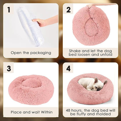 28in Large Dog Bed, Medium Size Dog and Cats, Calming Donut Bed for Puppy and Kitten, Washable Round Fluffy Pet Bed (Pink)