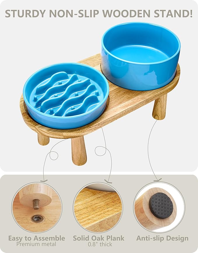Ceramic Slow Feeder and Water Bowl Set for Medium and Large Dogs, 2.0 Cups Dog Slow Feeder(30oz) and 70oz Water Bowl Set, 8in, Baby Blue