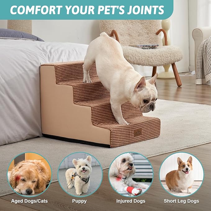 Dog Stairs for Small Dogs, 17.7" Extra Wide Right-Angle Pet Stairs for Couch and Beds, Anti-Slip Dog Steps for Old Cats and Lowrider, 17.7x23.6x17.7 inch,Light Brown