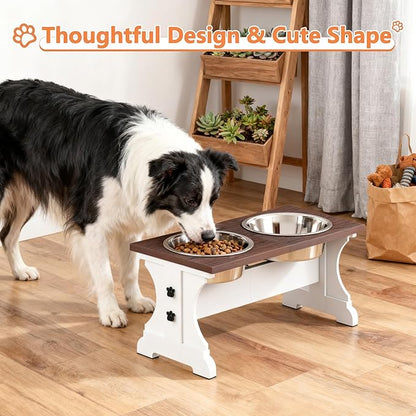 Piskyet Elevated Dog Bowls,Farmhouse Dog Bowls Stand, Raised Dog Bowl with 2 Stainless Steel Wooden Dogs Bowls,7 Cups 11''H_55 oz Bowl-Farmhouse Style