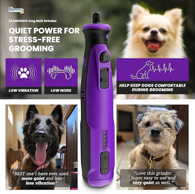 Diamondg Cordless Dog Nail Grinder with Quiet Sound & LED Tip for Large & Small Dogs, 4hrs. Runtime - Electric Dog Nail Trimmer, Heavy Duty Rotary Tool Alternative to Toenail Clippers & Filers