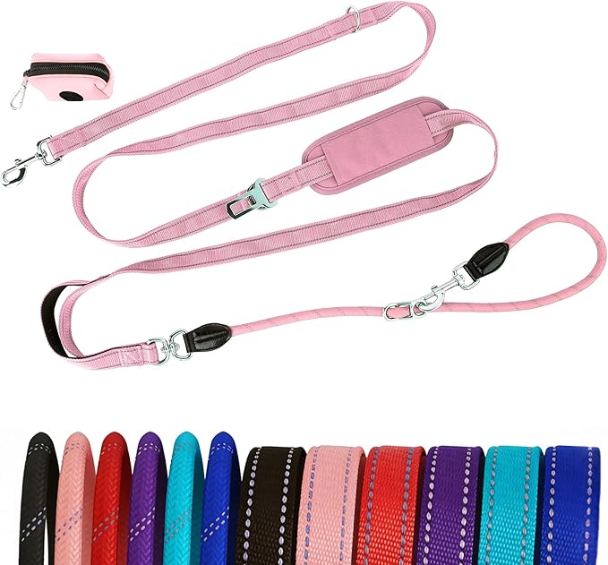 10FT Hands Free Dog Leash for Small Medium Large Dogs, Heavy Duty Reflective Dog Leash with Traffic Handle, Seat Belt Buckle & Poop Bag Holder (Pink)