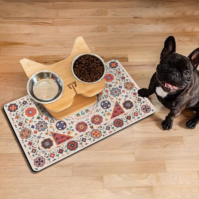 Moroccan Trellis Dog Food & Water Mat, Boho Colorful Vintage Pet Feeding Mat for Floor Non-Slip Waterproof, Super Absorbent Cat Bowl Mat, Easy to Clean Durable Pet Placemat,16" × 24"