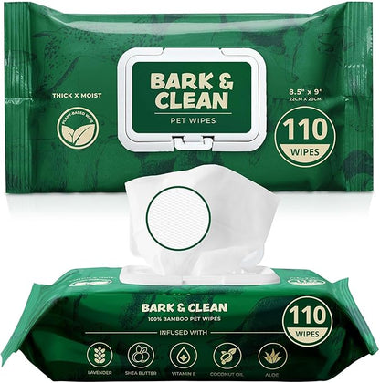Bark & Clean Dog Wipes for Cleaning and Deodorizing - 2 Pack of 110 8.5" x 9" Bamboo Pet Wipes - Compostable, Hypoallergenic Puppy Wipes - Dog Wipes for Paws, Butt, and Body