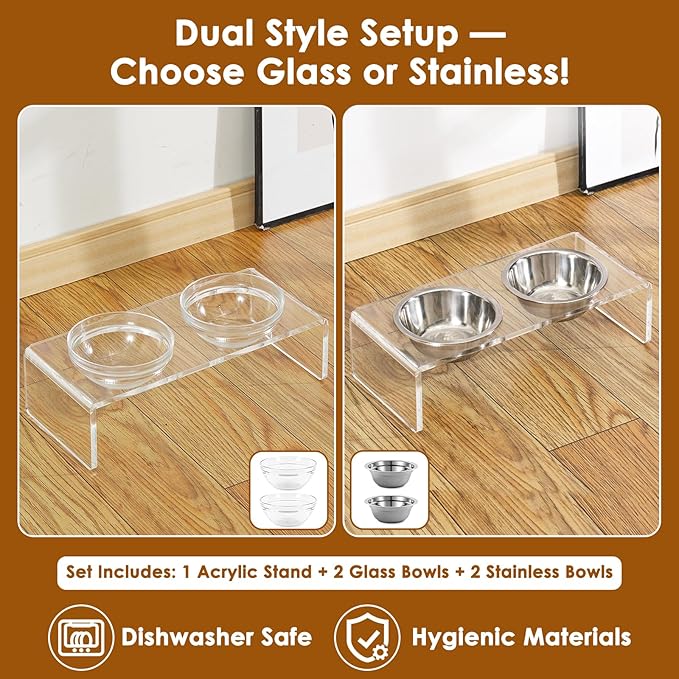 Elevated Acrylic Pet Bowl Stand – Raised Cat & Dog Bowls with 2 Glass & 2 Stainless Steel Bowls, Modern Clear Design, Non-Slip, Easy to Clean, Perfect for Small Pets, 3.75" Tall