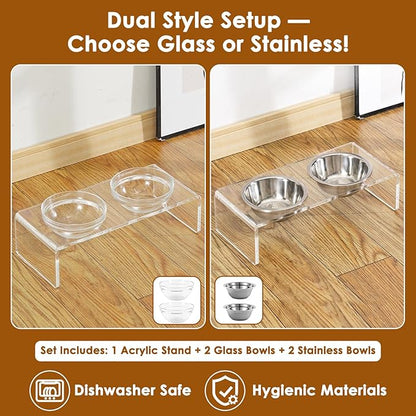 Elevated Acrylic Pet Bowl Stand – Raised Cat & Dog Bowls with 2 Glass & 2 Stainless Steel Bowls, Modern Clear Design, Non-Slip, Easy to Clean, Perfect for Small Pets, 3.75" Tall