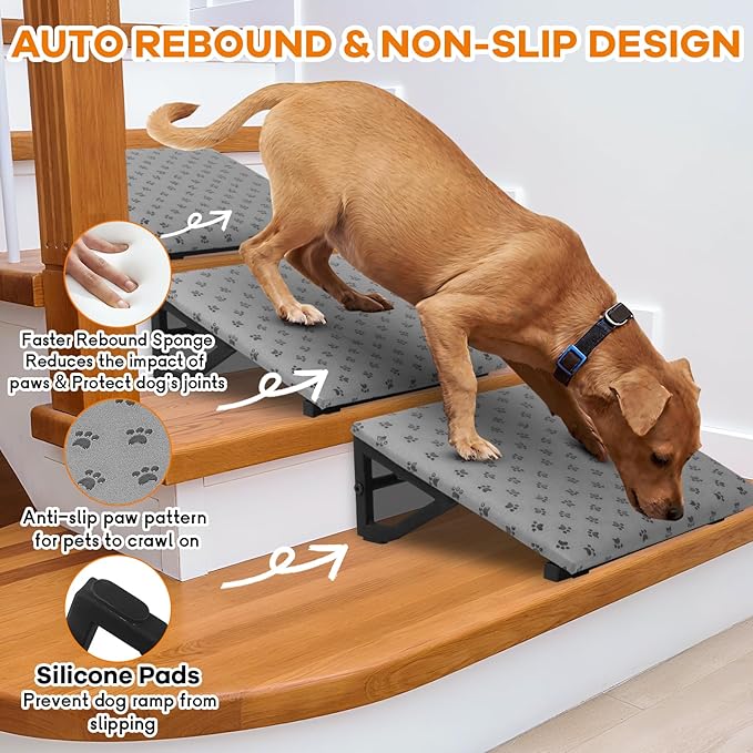 Dog Ramp for Stairs, Non-Slip Dog Stairs, Low-Angled Pet Ramps for Small Dogs and Cats, Medium Dogs, Step and Stair Assist for Injured and Older Pets, 3 Pack