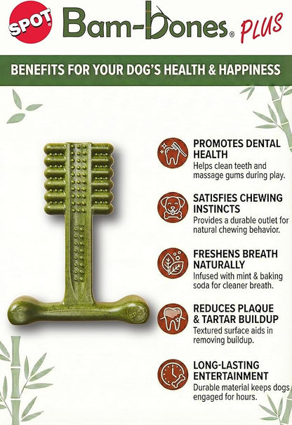 SPOT Bam-Bones Plus Toothbrush Dog Chew Toy, Durable Bamboo Fiber & Nylon Dental Chew, Fresh Mint & Baking Soda for Dental Care, Easy-Grip T-Bone Shape, For Heavy Chewers Under 30 lbs, 4 Inch, 2 Count