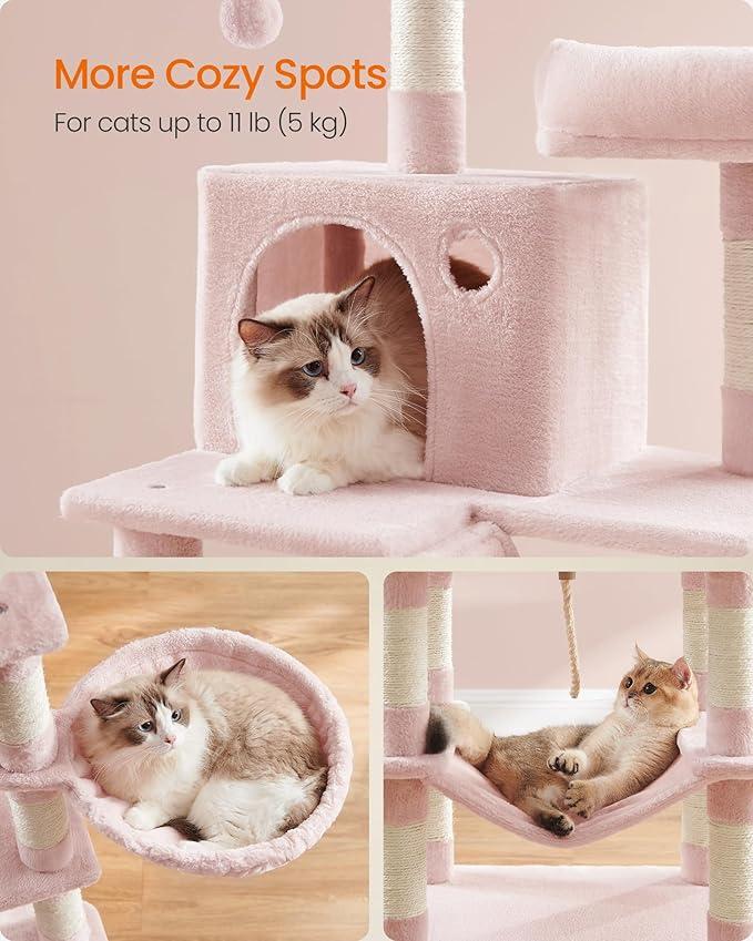 Feandrea Cat Tree, 66.1-Inch Large Cat Tower, Multi-Level Plush Condo with 13 Scratching Posts, 2 Perches, 2 Caves, Basket, Hammock, Pompoms, Jelly Pink UPCT165P01