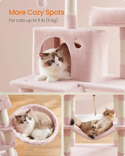 Feandrea Cat Tree, 66.1-Inch Large Cat Tower, Multi-Level Plush Condo with 13 Scratching Posts, 2 Perches, 2 Caves, Basket, Hammock, Pompoms, Jelly Pink UPCT165P01