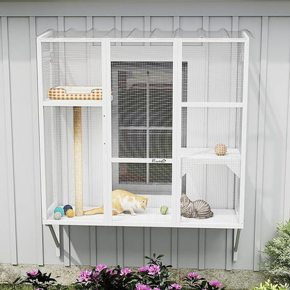 PawHut Outdoor Catio, Cat Window Catio Box Enclosure for 2-3 Large Indoor Cats with 2 Jumping Platforms, Scratching Post, for Playing, Sunbathing, Napping, Cat Window Perch for Enjoying Sights, White