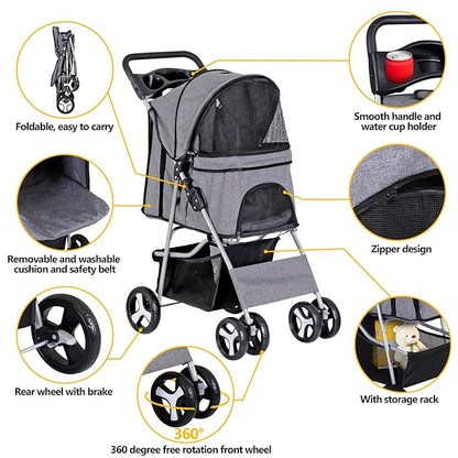 ZENY Foldable Pet Stroller, Cat/Dog Stroller with 4 Wheel, Pet Travel Carrier Strolling Cart with Storage Basket, Cup Holder (Grey)