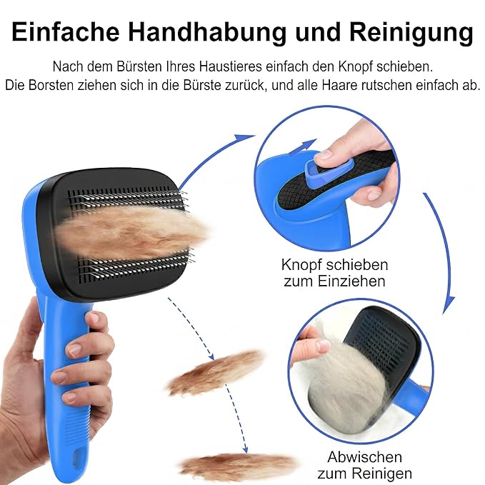 Self Cleaning Slicker Brush for Dog, Cat, Skin Friendly Shedding & Grooming Tool for Long and Short Haired Pets, Easy Clean Retractable Bristles, Blue