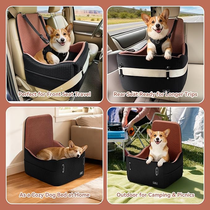 PETSFIT Dog Car Seat for Small/Medium Dogs Up to 35 lbs – Patented Safety System, 6" Memory Foam Pet Booster Car Seat, Fully Detachable and Washable Dog Carseat with 2 Storage Pockets (Black/Brown)