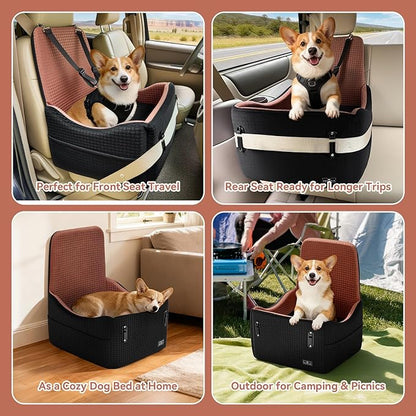 PETSFIT Dog Car Seat for Small/Medium Dogs Up to 35 lbs – Patented Safety System, 6" Memory Foam Pet Booster Car Seat, Fully Detachable and Washable Dog Carseat with 2 Storage Pockets (Black/Brown)