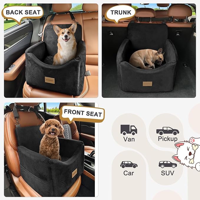 JOEJOY Dog Car Seats for Small Medium Dogs Under 35lbs, Dog Booster Seat with Detachable Washable Cover and Cushion, Memory Foam Pet Car Seat with Safety Belt and Storage Pockets (Black)