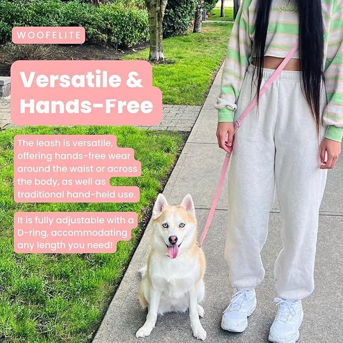 Hands-Free Waterproof Dog Leash, Adjustable Waist & Crossbody Dog Leash for Running, Walking & Hiking (Pink, 7 FT)