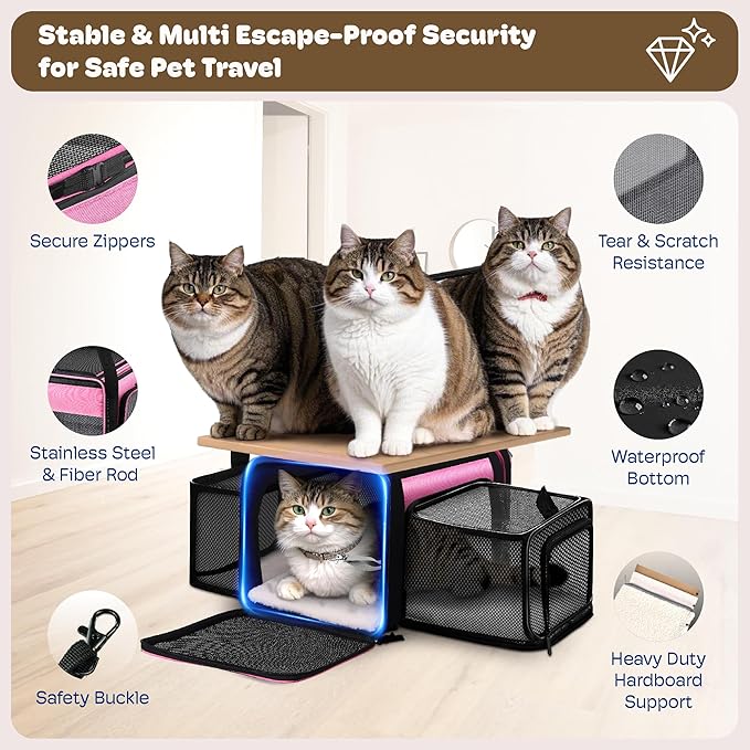 Top and 2 Sides Expandable Cat Carrier 18x11x11, TSA Airline Approved Dog Carriers for Small Dogs, Soft-Sided Pet Carrier with Self-Locking Zippers for Kitten,Rabbit, Puppy, Guinea Pig Pink