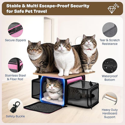 Top and 2 Sides Expandable Cat Carrier 18x11x11, TSA Airline Approved Dog Carriers for Small Dogs, Soft-Sided Pet Carrier with Self-Locking Zippers for Kitten,Rabbit, Puppy, Guinea Pig Pink