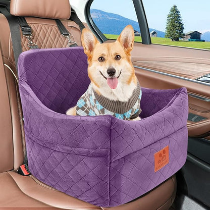 GL GLENSLAVE Dog Car Seat for Small/Medium Dogs, Dog Booster Car Seats with Thick Cushion for Dogs Under 35lbs, Detachable Washable Pet Carseat with Storage Pockets, 2 Safety Belts(Purple)