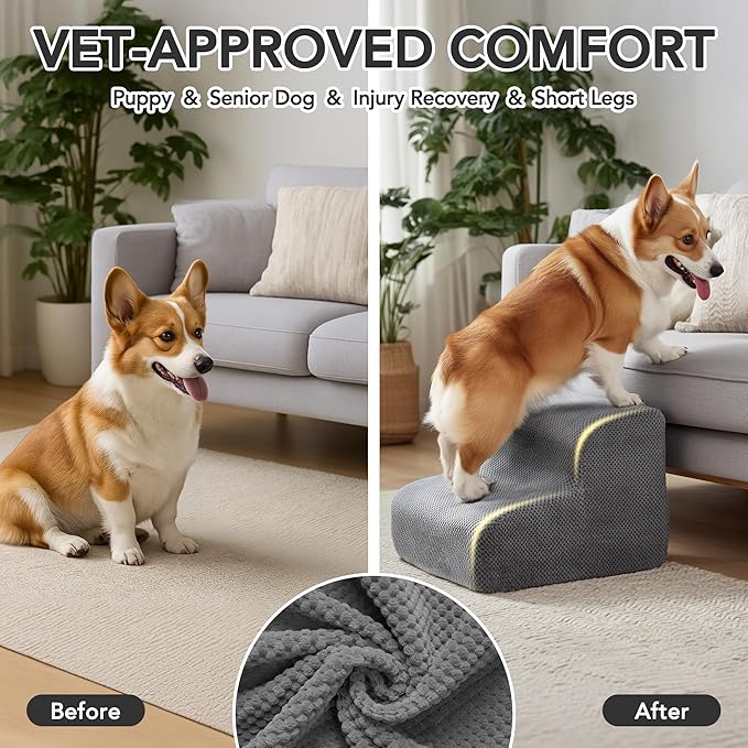 Deconovo Pet Stairs for Small & Elderly Dogs Cats 3-Step Dog Ramp Non-Slip Surface, Soft Washable Cover, Portable for Couch & Bed Use –Ideal for Senior Pets, Compact Storage Friendly, 15.7" H Ash Gray