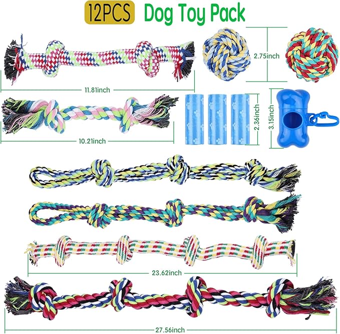 12 Pack Dogs Rope Toys for Large/Medium/Small Aggressive Chewers, Tough Cotton Dental Rope Toys Kit, Heavy Duty Dog Tug of War Toy for Chewing, Playing, Teething, Teeth Cleaning, Tossing and Catching