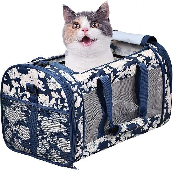 Soft-Sided Kennel Pet Carrier for Small Dogs, Cats, Puppy, Airline Approved Cat Carriers Dog Carrier Collapsible, Travel Handbag & Car Seat (Blue White Floral, 19" L x 11" W x 11" H)