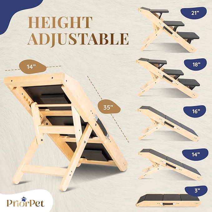 Dog ramp for Couch – Non-Slip, Sturdy Build Foldable Dog ramp – Supports up to 200lbs – Adjustable 7'' to 20'' – Landing Platform Seamlessly Connects – Birchwood Pet Ramp for Small Dogs – Natural