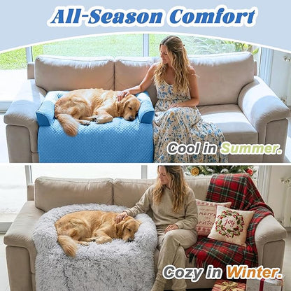 GGIB Cooling Dog Bed Mat with Bolster Pillow Washable Dog Couch Cover Breathable Summer Pet Couch Bed Protector Indoor(Medium, Cooling Blue)