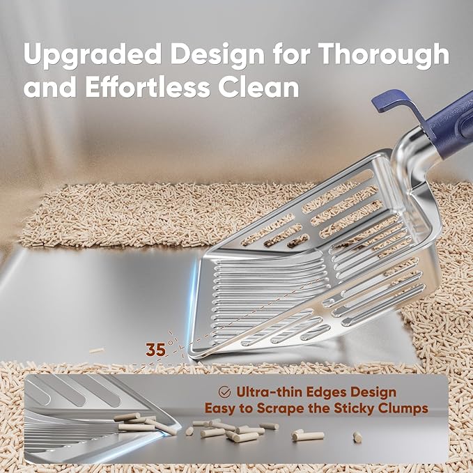 Metal Cat Litter Scoop, Large Cat Scooper with Deep Shovel & Dual Sifting Holes for Fast & Precise Sifting, Space Aluminum Kitty Litter Scooper with Long Handle & Easy-to-Hang Hook - Blue