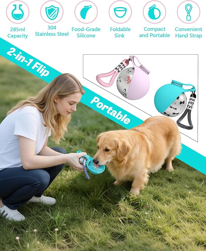 2-in-1 Portable Dog Water Bottle for Small Dogs, 10oz Dog Travel Water Bottle - Leak-Proof & One-Hand Operation, Light Dog Travel Bowl, Stainless Steel Bottle & Silicone Bowl for Walking Hiking (Pink)