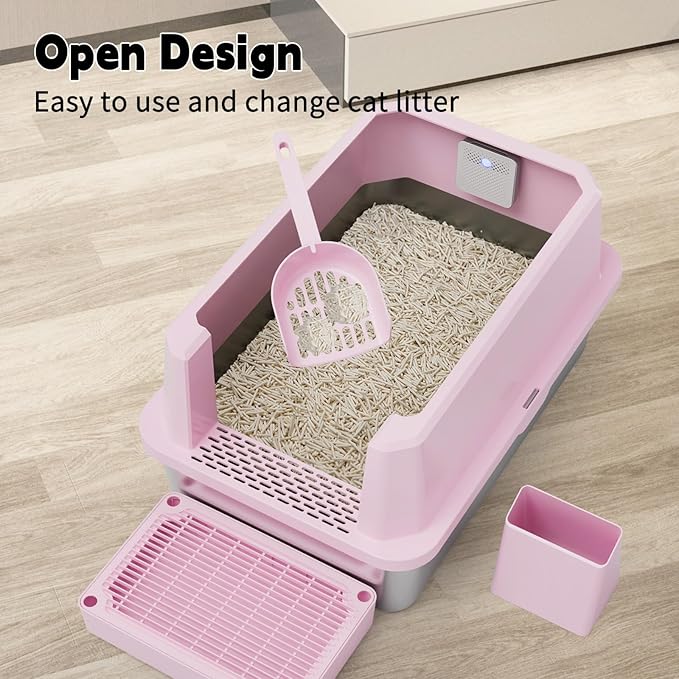 RIZZARI Stainless Steel Litter Box: Large Pink Leakproof Open Tray with Wipe-Clean Design - Odor Control - Teflon Non-Stick - with Deodorizer - 2 Pack - for Cats Up to 20 lbs - in Bathroom Restroom