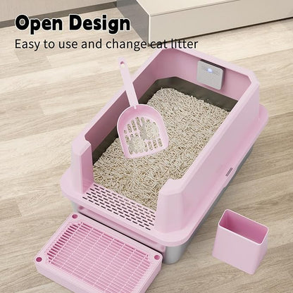 RIZZARI Stainless Steel Litter Box: Large Pink Leakproof Open Tray with Wipe-Clean Design - Odor Control - Teflon Non-Stick - with Deodorizer - 2 Pack - for Cats Up to 20 lbs - in Bathroom Restroom