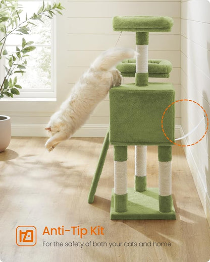 Feandrea Cat Tree, 45.3-Inch Cat Tower, Plush Condo with Scratching Post, Ramp, Perch, Spacious Cave, for Small Space, Grass Green UPCT141C01