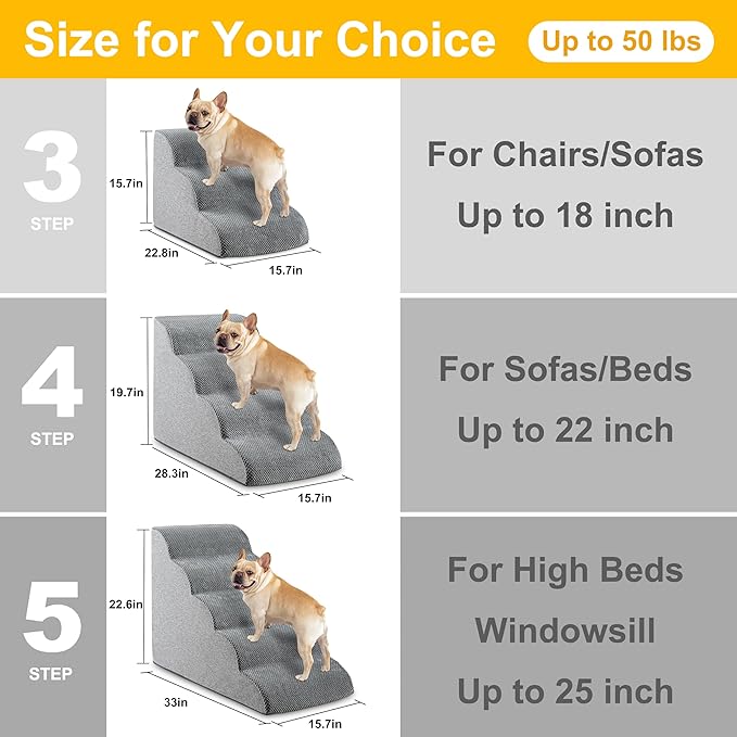 5-Step Dog Stairs, 22.6” High Foam Pet Ramp for Small Dogs & Cats – Durable Waterproof Washable Cover, Non-Slip Base, Stable Indoor Ladder for High Beds and Couch (Grey)