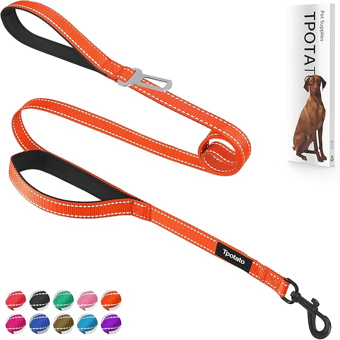 6 Foot Orange Dog Leashes for Large Medium and Small Breed Dogs That Pull,Reflective Nylon Heavy Duty Dog Leash with 2 Comfortable Padded Traffic Handles and Car Seat Belt for Walking and Training