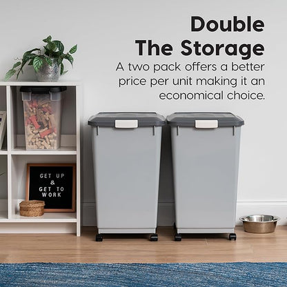 IRIS USA Dog Food Storage Container 54 lbs, 2-Pack with Wheels, Airtight Lid, 2-Cup Scoop, Double Pet Food Storage, Built in Scoop Storage in Lid, Versatile Pet Food Bin, Portable, Gray/Dark Gray