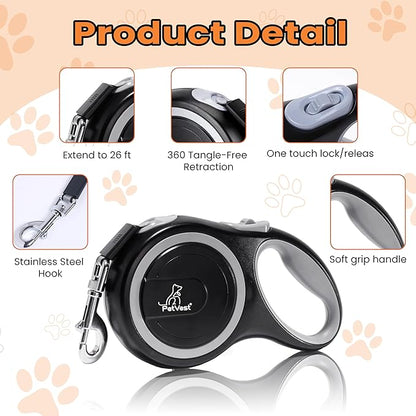 Retractable Dog Leash – Extendable up to 26 FT, Heavy Duty Nylon Tape, No-Tangle, One-Handed Brake & Lock, for Small to X-Large Dogs up to 110 lbs (Black)