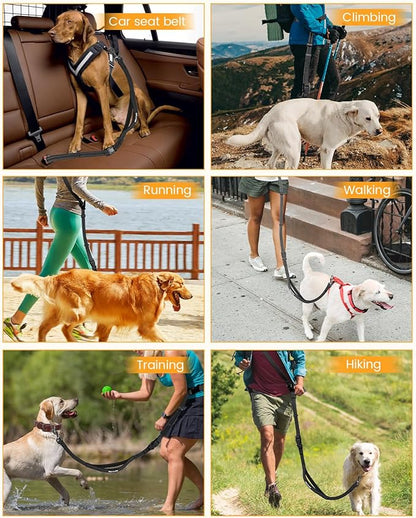 Hands Free Dog Leash, 2-in-1 Detachable Pet Seatbelt,5.9-9.2 ft Crossbody Dog Leash with Double-Sided Reflective for Walking, Hiking, Travel etc (Black)