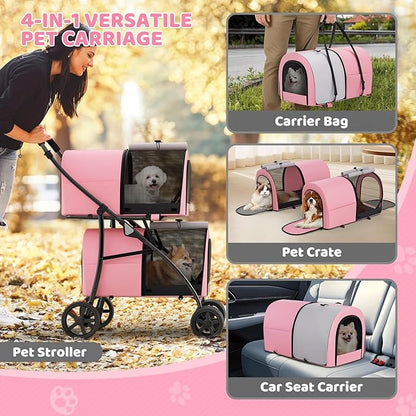 Magshion Double Dog Stroller with 2 Detachable Carrier Bags, 4-Wheel Folding Pet Travel Strolling Cart with Storage Pocket for Small-Medium Dogs & Cats Puppy, Pink Gray, Pink