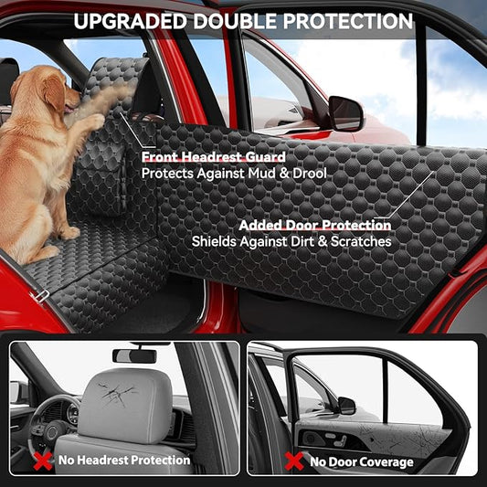 DIAMOOKY Dog Car Seat Cover for Back Seat, Waterproof Back Seat Extender for Dogs w/Door & Headrest Protector, Hard Bottom Pet Bed Hammock Holds 420lbs, for Cars SUVs Small Trucks(Not for 3-row seats)