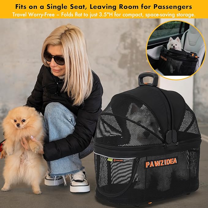 PAWZIDEA Portable Small Dog Crate for Car Travel up to 33lb, Enclosed Dog Car Seat Soft-Sided, Escape-Proof Reversible No-Zip Canopy, Foldable Pet Carrier Seatbelt for Small Medium Puppy & Cats Kennel