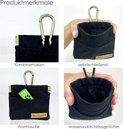 Raisingwell Dog Treat Pouch, Black Pocket Sized Pet Training Pouch, Cotton Fabric, Hand Free Dog Walking Bag with Carabiner, Self-Closing Pet Feed Snack Reward, for Pet Puppy Travel or Outdoor Use